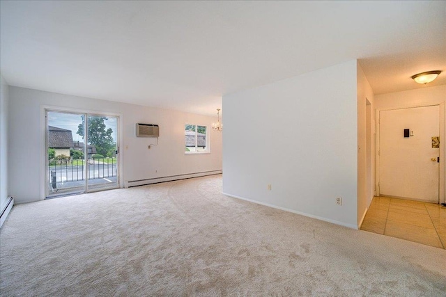 1109 Cherry Hill Dr Unit 1109, Poughkeepsie, NY 12603 - spare room featuring baseboard heating, a chandelier, light colored carpet, and an AC wall unit