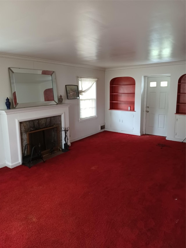 118 Allen St, Hempstead, NY 11550 - unfurnished living room featuring a high end fireplace, carpet floors, and ornamental molding