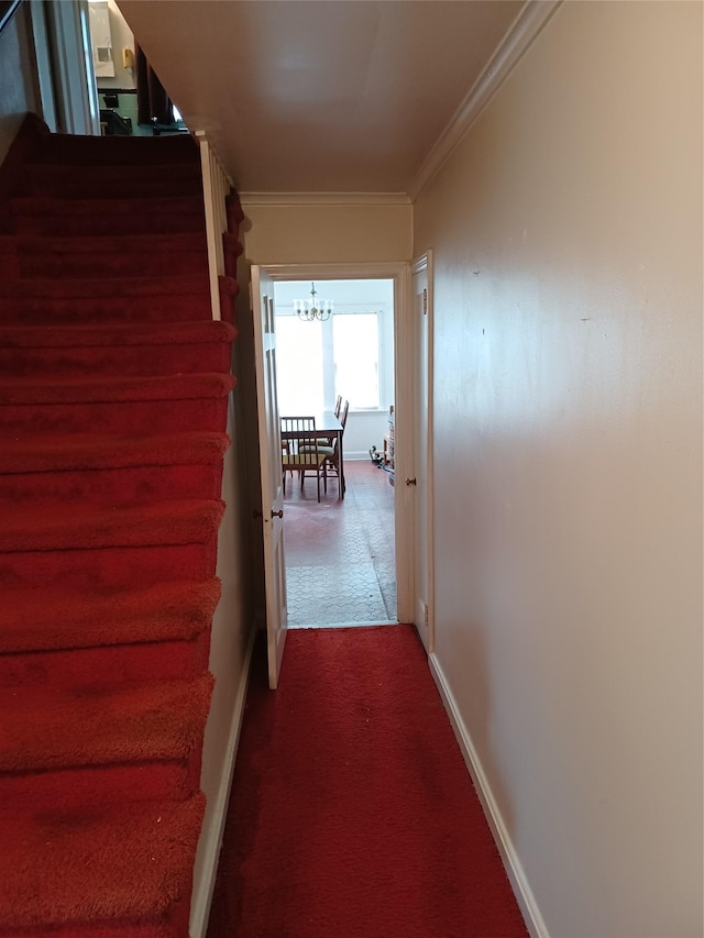 118 Allen St, Hempstead, NY 11550 - corridor featuring stairs, a chandelier, carpet floors, and ornamental molding