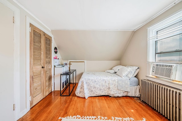 4 Jones St N, Patchogue, NY 11772 - bedroom with radiator, wood finished floors, vaulted ceiling, crown molding, and a closet