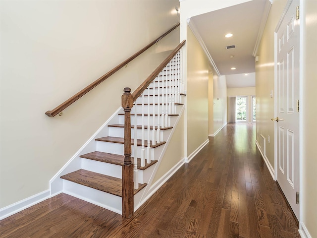 195 Pond View Dr Unit Ca0208, Port Washington, NY 11050 - stairs with wood finished floors, ornamental molding, and recessed lighting