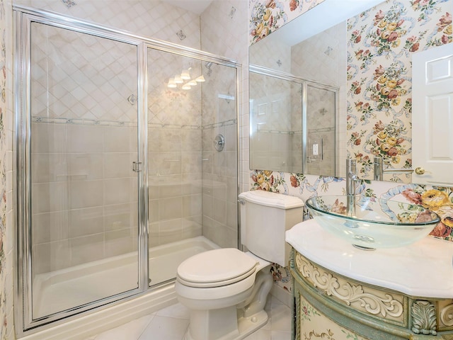195 Pond View Dr Unit Ca0208, Port Washington, NY 11050 - full bathroom featuring wallpapered walls, vanity, a stall shower, and tile patterned floors