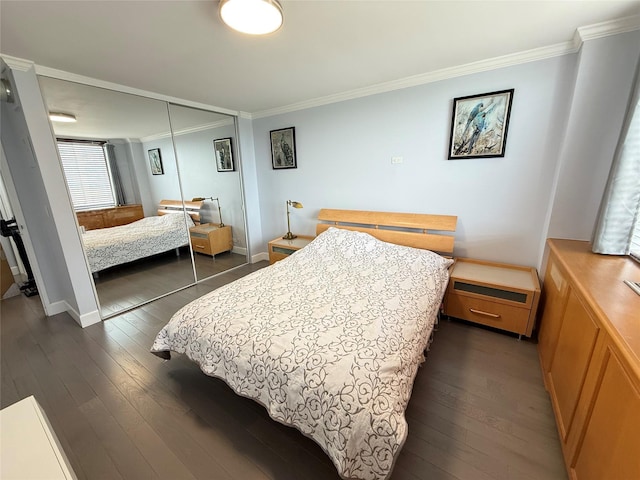 2 Bay Club Dr Unit 11T, Bayside, NY 11360 - bedroom featuring ornamental molding, dark wood-type flooring, and a closet