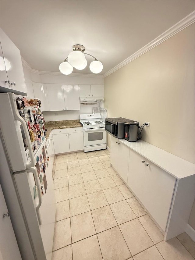 2 Bay Club Dr Unit 11T, Bayside, NY 11360 - kitchen with white appliances, under cabinet range hood, light tile patterned flooring, ornamental molding, and white cabinets