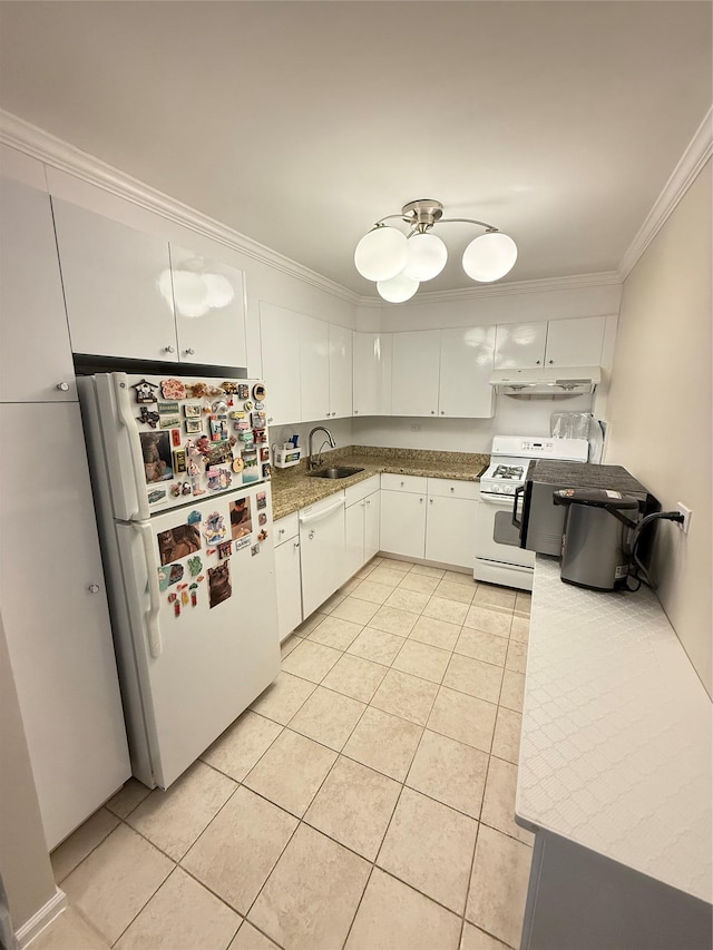 2 Bay Club Dr Unit 11T, Bayside, NY 11360 - kitchen with white appliances, ornamental molding, light tile patterned flooring, white cabinetry, and under cabinet range hood