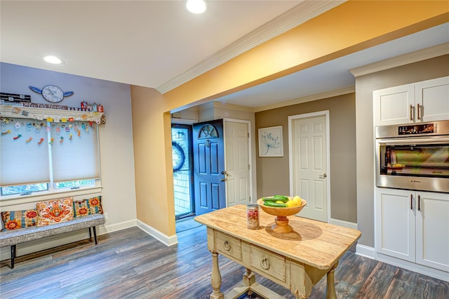 60 Jeremy Cir, Nesconset, NY 11767 - kitchen with oven, dark wood-style floors, white cabinetry, crown molding, and recessed lighting