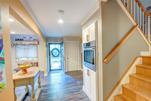 60 Jeremy Cir, Nesconset, NY 11767 - entryway with stairway, crown molding, dark wood finished floors, and recessed lighting