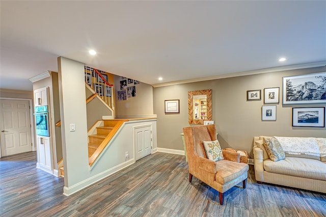 60 Jeremy Cir, Nesconset, NY 11767 - sitting room featuring crown molding, wood finished floors, recessed lighting, and stairs