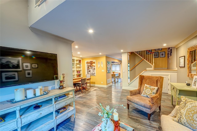 60 Jeremy Cir, Nesconset, NY 11767 - living room featuring ornamental molding, stairs, recessed lighting, and wood finished floors