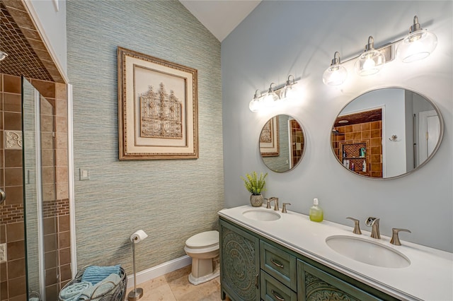 60 Jeremy Cir, Nesconset, NY 11767 - full bathroom with double vanity, lofted ceiling, and tiled shower
