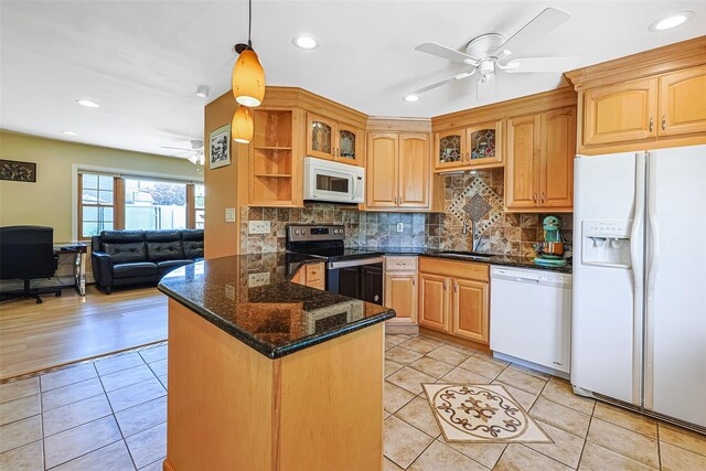 4 Wagon Ln, Levittown, NY 11756 - kitchen featuring white appliances, a ceiling fan, glass insert cabinets, light tile patterned floors, and tasteful backsplash