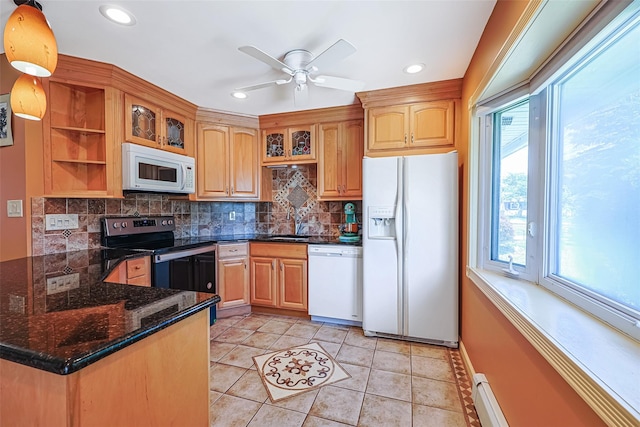 4 Wagon Ln, Levittown, NY 11756 - kitchen with white appliances, glass insert cabinets, open shelves, decorative backsplash, and a peninsula