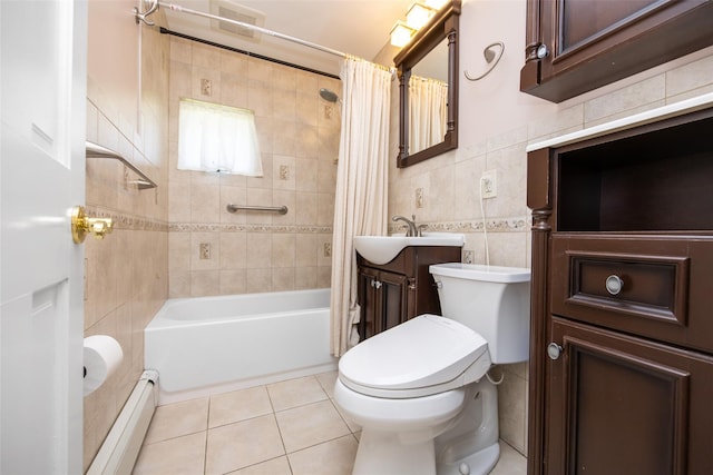 4 Wagon Ln, Levittown, NY 11756 - bathroom featuring baseboard heating, tile walls, tile patterned floors, shower / tub combo with curtain, and vanity