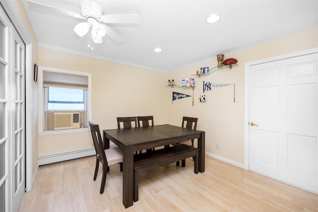 4 Wagon Ln, Levittown, NY 11756 - dining area with light wood-style flooring, a ceiling fan, a baseboard radiator, recessed lighting, and cooling unit