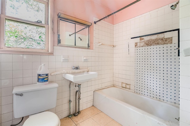 50 Maple St, Catskill, NY 12414 - bathroom with tub / shower combination, tile patterned flooring, and tile walls