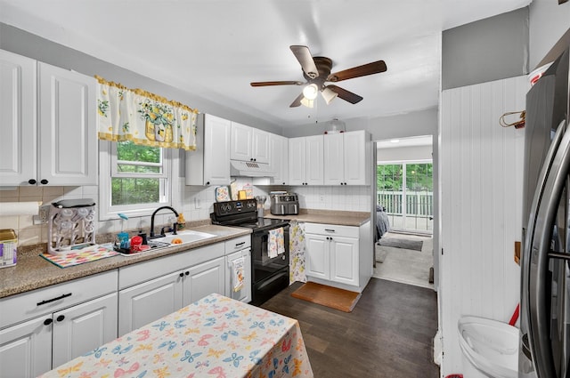 8 First St, Godeffroy, NY 12729 - kitchen featuring black electric range, under cabinet range hood, backsplash, freestanding refrigerator, and white cabinets
