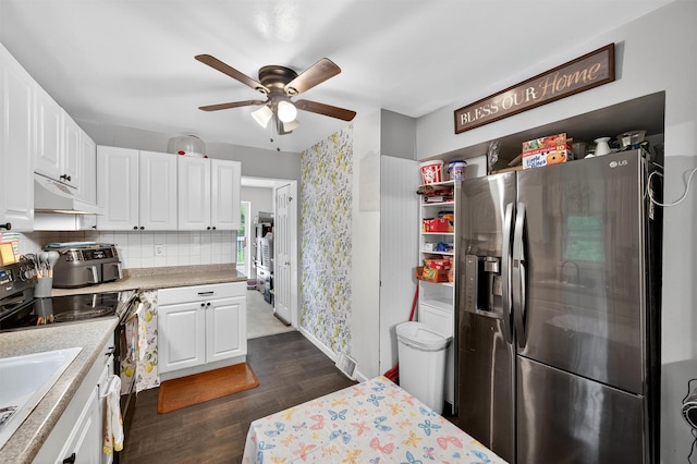 8 First St, Godeffroy, NY 12729 - kitchen featuring stainless steel fridge with ice dispenser, ceiling fan, white cabinetry, and light countertops