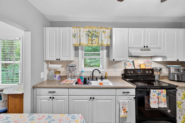 8 First St, Godeffroy, NY 12729 - kitchen with black / electric stove, under cabinet range hood, white cabinetry, and light countertops