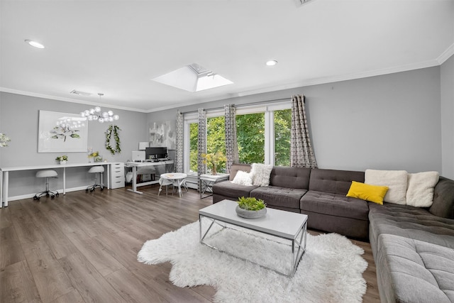 46 Alta Pl, Yonkers, NY 10710 - living room with a skylight, ornamental molding, an office area, wood finished floors, and a chandelier