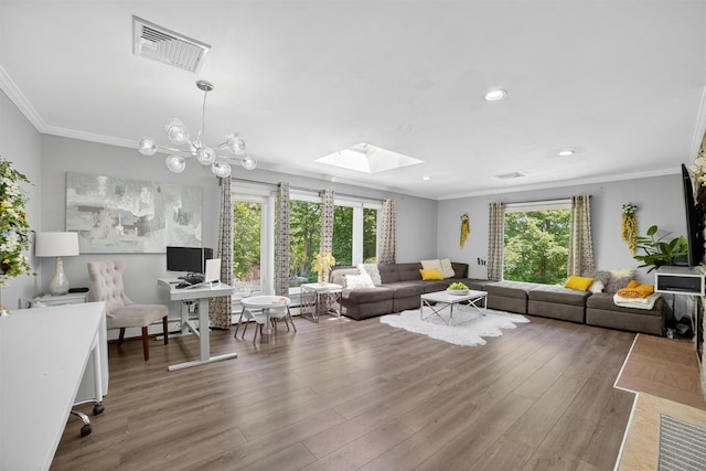 46 Alta Pl, Yonkers, NY 10710 - living area featuring a skylight, crown molding, wood finished floors, and recessed lighting