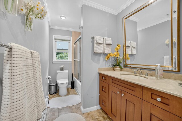 46 Alta Pl, Yonkers, NY 10710 - full bath with vanity, enclosed tub / shower combo, stone finish floors, and ornamental molding