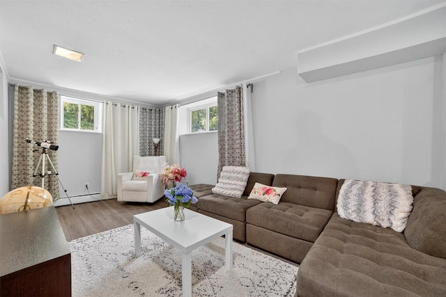 46 Alta Pl, Yonkers, NY 10710 - living room featuring wood finished floors, a baseboard heating unit, and healthy amount of natural light