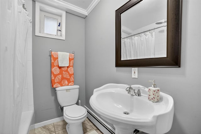 46 Alta Pl, Yonkers, NY 10710 - bathroom with crown molding, baseboard heating, and marble finish floors