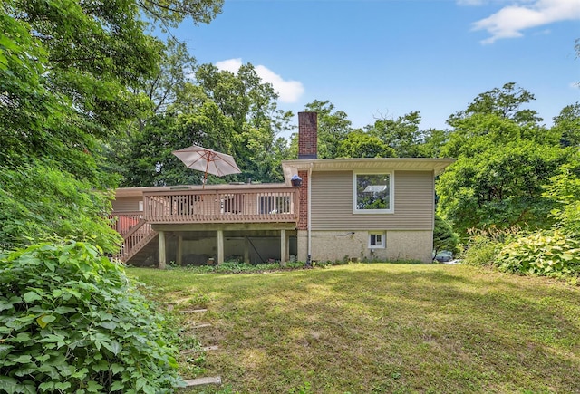 46 Alta Pl, Yonkers, NY 10710 - rear view of house with a wooden deck, a yard, stairway, and a chimney