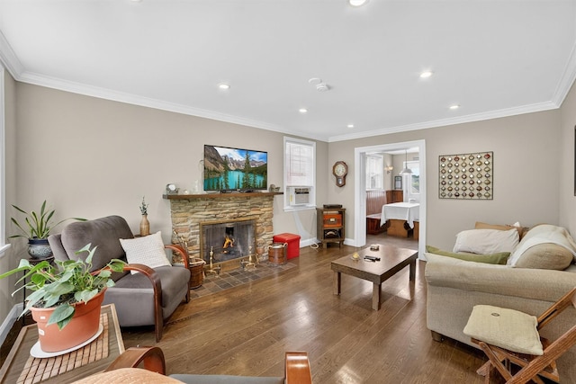 167 Hillview Ave, Yonkers, NY 10704 - living room featuring wood finished floors, ornamental molding, a stone fireplace, and recessed lighting