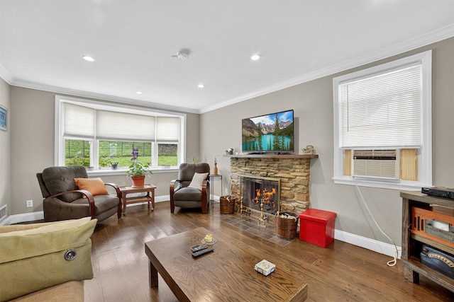 167 Hillview Ave, Yonkers, NY 10704 - living room featuring a stone fireplace, crown molding, wood finished floors, recessed lighting, and cooling unit