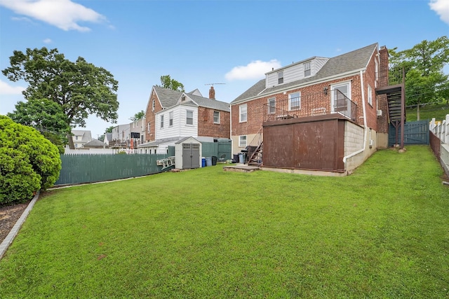 167 Hillview Ave, Yonkers, NY 10704 - rear view of property featuring a storage unit, brick siding, stairs, and a fenced backyard