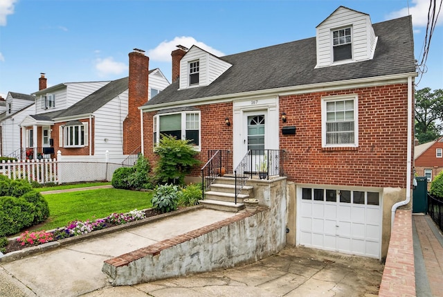 167 Hillview Ave, Yonkers, NY 10704 - view of front of property with brick siding, a garage, concrete driveway, and a shingled roof