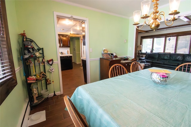 2083 Elm Pl, Merrick, NY 11566 - bedroom with dark wood-style flooring, a chandelier, and crown molding