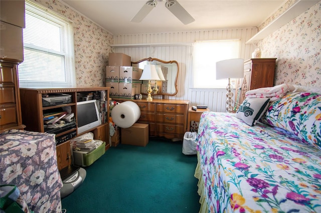 2083 Elm Pl, Merrick, NY 11566 - bedroom with wallpapered walls, carpet, and ceiling fan