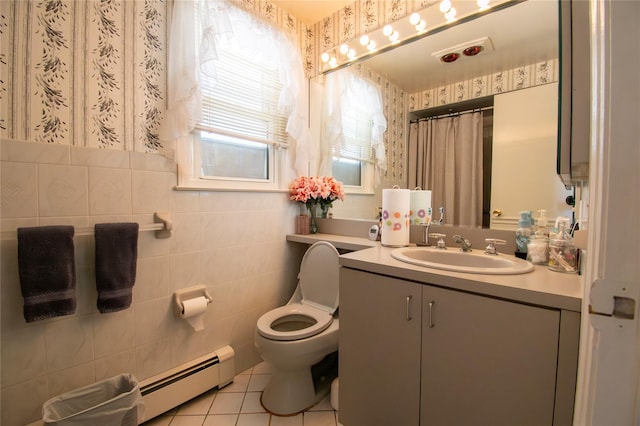 2083 Elm Pl, Merrick, NY 11566 - full bath with baseboard heating, vanity, tile patterned floors, and curtained shower