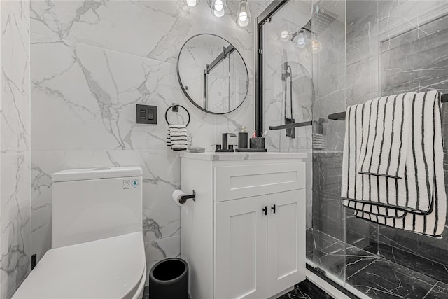 3 Fairview Ln, Glen Cove, NY 11542 - bathroom with vanity, a marble finish shower, tile walls, and marble finish flooring
