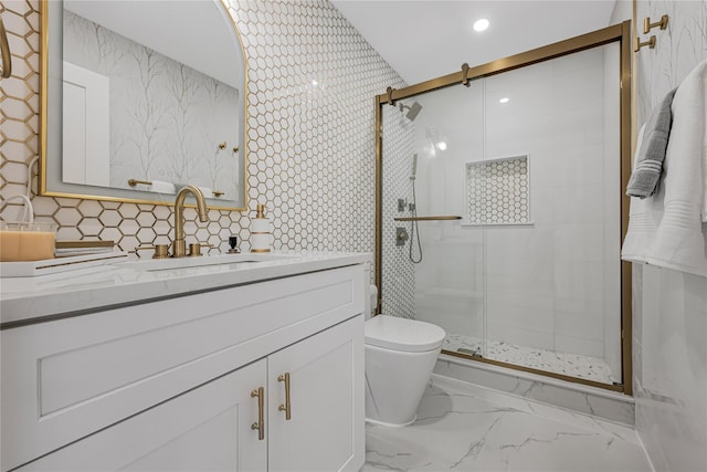 3 Fairview Ln, Glen Cove, NY 11542 - bathroom featuring vanity, a stall shower, marble look tile flooring, and recessed lighting