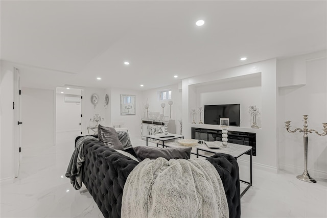 3 Fairview Ln, Glen Cove, NY 11542 - living area with light marble finish floors, recessed lighting, and a wall unit AC