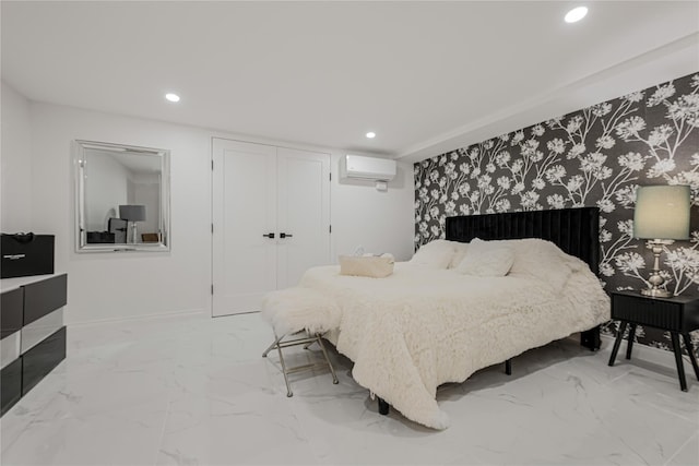 3 Fairview Ln, Glen Cove, NY 11542 - bedroom featuring a wall mounted air conditioner, recessed lighting, a closet, and light marble finish flooring