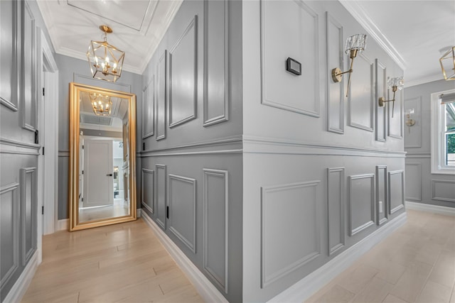 3 Fairview Ln, Glen Cove, NY 11542 - hall with a decorative wall, ornamental molding, and a chandelier