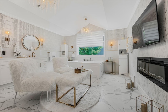 3 Fairview Ln, Glen Cove, NY 11542 - bathroom featuring wallpapered walls, a bath, marble finish flooring, vanity, and lofted ceiling