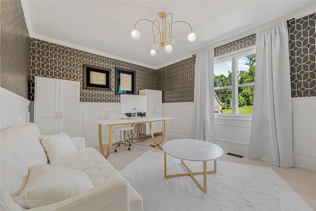 3 Fairview Ln, Glen Cove, NY 11542 - office area featuring wallpapered walls, a wainscoted wall, crown molding, a chandelier, and light wood-style flooring