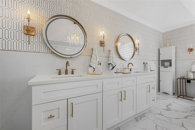 3 Fairview Ln, Glen Cove, NY 11542 - full bath with wallpapered walls, double vanity, marble look tiles, and ornamental molding