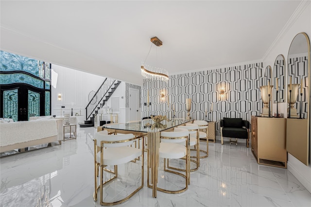 3 Fairview Ln, Glen Cove, NY 11542 - dining space featuring stairway, light marble finish flooring, french doors, and ornamental molding