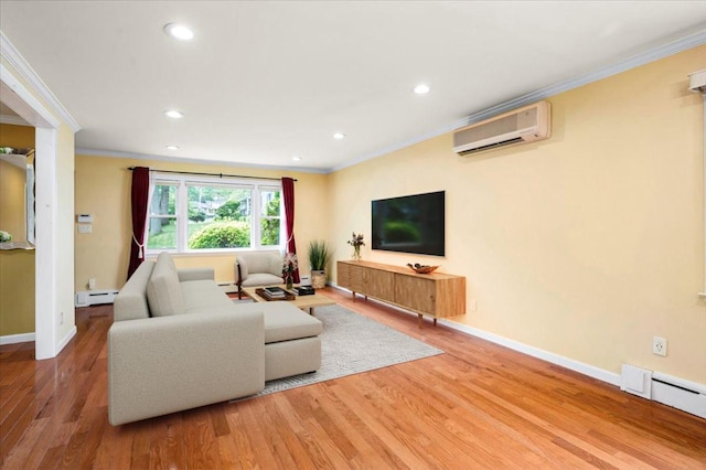 303 Helena Ave, Yonkers, NY 10710 - living area featuring a wall mounted AC, ornamental molding, wood finished floors, a baseboard heating unit, and recessed lighting