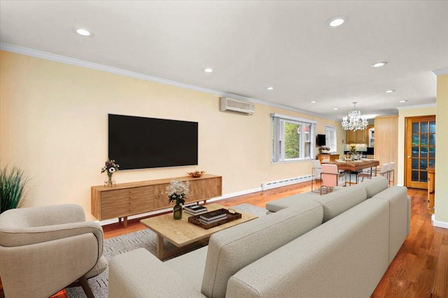 303 Helena Ave, Yonkers, NY 10710 - living room with baseboard heating, crown molding, a wall unit AC, a chandelier, and wood finished floors