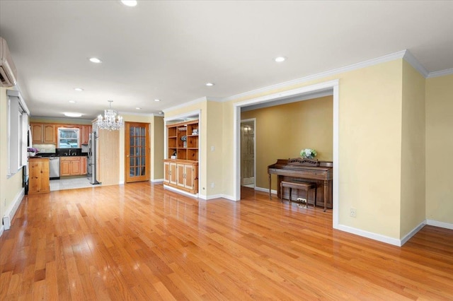 303 Helena Ave, Yonkers, NY 10710 - unfurnished living room featuring a chandelier, crown molding, light wood-type flooring, and recessed lighting
