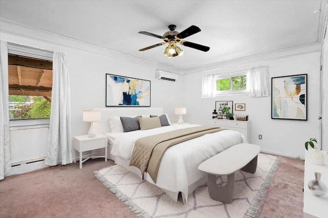 303 Helena Ave, Yonkers, NY 10710 - bedroom with an AC wall unit, carpet flooring, crown molding, a ceiling fan, and baseboard heating