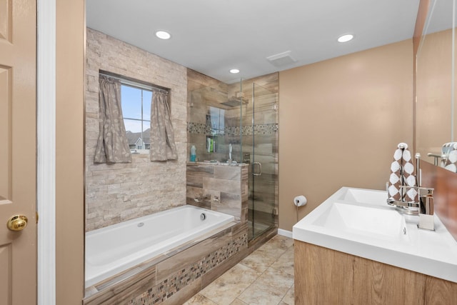 48 Sparrow Ridge Rd, Carmel, NY 10512 - full bath with a shower stall, a bath, vanity, recessed lighting, and marble finish floors
