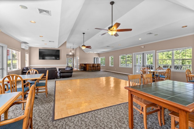 48 Sparrow Ridge Rd, Carmel, NY 10512 - dining room with healthy amount of natural light, crown molding, recessed lighting, ceiling fan, and vaulted ceiling